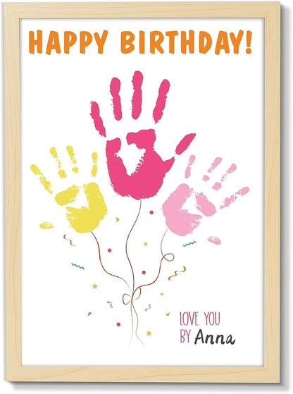 QOUBAI Birthday Handprint Balloon Art Craft DIY Kit Happy Birthday Gifts Children Adults Handprint Keepsake for Mom Father Friend Grandparent Birthdays Gift Christmas (12X16in, with Wood Frame)