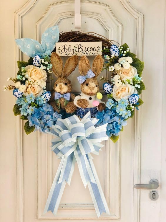 Blue and White Stripe Ribbon Wired 2.5 Inch Light Blue Burlap Ribbons with Ivory Stripe Edge Wreath Supplies (30 Foot)
