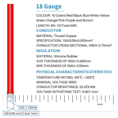 BNTECHGO 18 Gauge Silicone Wire Kit 10 Color Each 5 ft Flexible 18 AWG Stranded Tinned Copper Wire