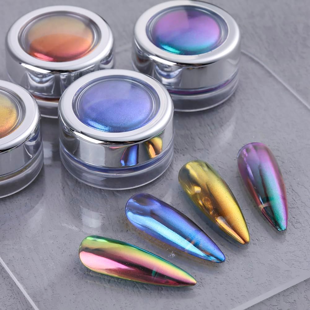 4 Colors Chameleon Chrome Nail Powder Kit, Metallic Mirror Effect Nail Glitter Aurora Iridescent Pearlescent Mermaid Pigment Dust for Gel Polish Nail Art Decoration, Resin Craft