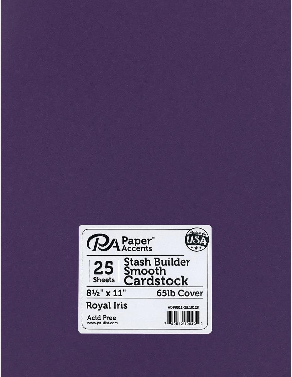 PA Paper Accents Stash Builder Cardstock 8.5" x 11" Royal Iris, 65lb colored cardstock paper for card making, scrapbooking, printing, quilling and crafts, 25 piece pack