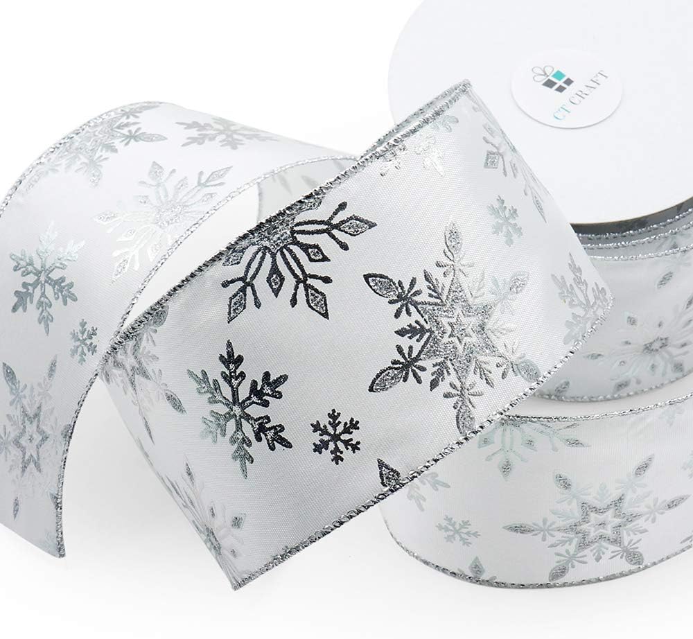 CT CRAFT LLC Satin with Silver Snowflake Wired Ribbon 2.5 Inch x 10 Yards for Christmas Home Decor Tree Topper Bow Gift Wrapping DIY Crafts Wreath Garland - Crafty Corner