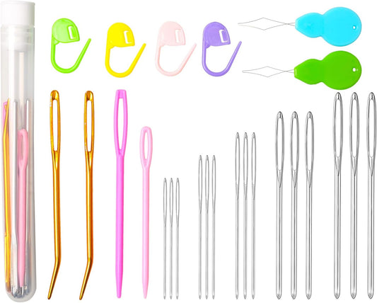 Hekisn 25Pcs Large Eye Blunt Yarn Needles Kit, Assorted Sizes Bent Tapestry Darning Needle & Stitch Markers & Threaders for Knitting, Crochet (White)