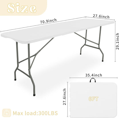 Folding Table 6 FT Lightweight Camping Table Portable Plastic Rectangular Outdoor Dining Table Steel Legs Fold-in-Half with Carrying Handle for Indoor,Picnic,Party,Wedding,Events(White)