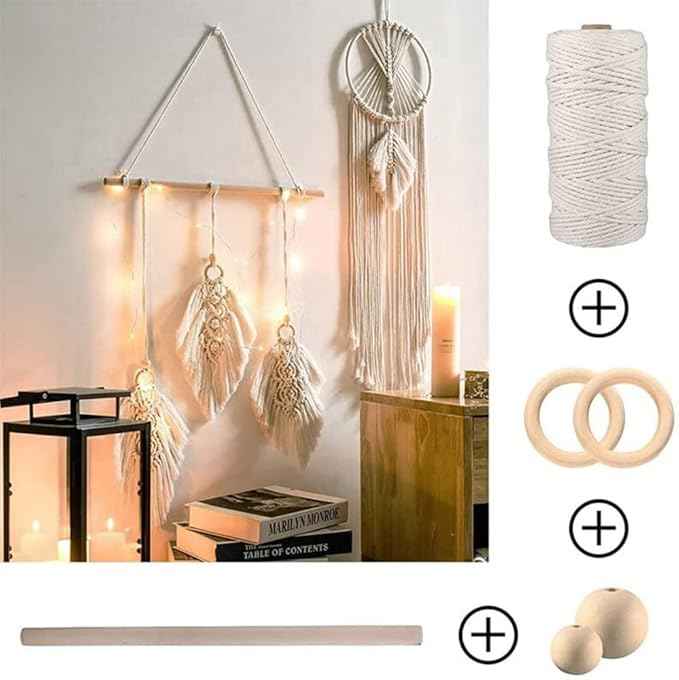 Macrame Kit -Macrame Wall Hanging Kit for Beginners, Macrame Cord 3mm Beads Wood Dowels Rings, Macrame Starter Set Hanging Plant DIY Craft Kits
