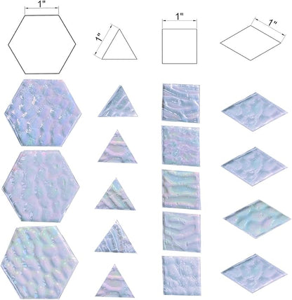100 pcs Iridescent Glass Mosaic Tiles - 1 Inch Edge Length Mixed Shapes (Triangle, Diamond, Square, Hexagon) for DIY Crafts, Home Decor | Bulk Precut White Clear Pieces for Mosaic Art Kits