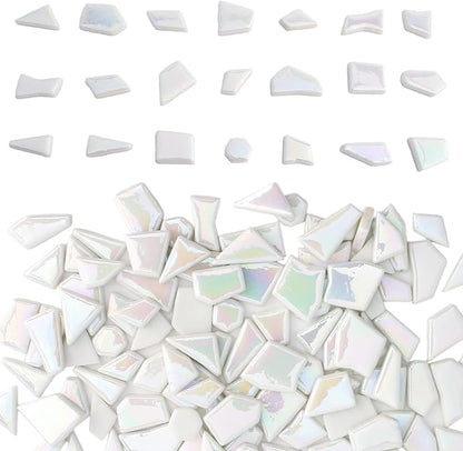 Youway Style Iridescent White Mosaic Tiles for Crafts Bulk,200g White Stained Glass Mosaic Supplies,Broken Glass Pieces for Garden Kit Crafts,DIY Mosaic Art