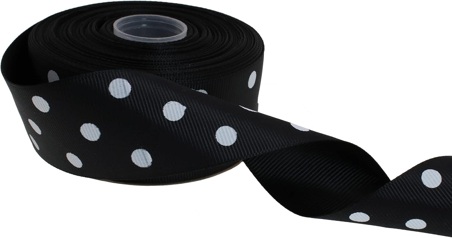 Polka Dot Grosgrain Ribbon 25 Yard Each Roll 100% Polyester (1/1-2", Black) - Crafty Corner