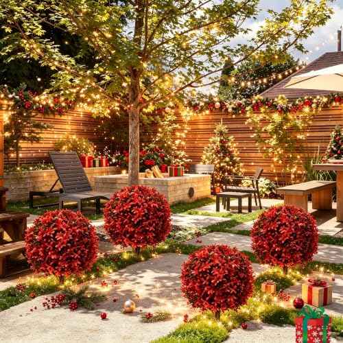 2Pack UV Resistant Red Artificial Boxwood Topiary Fake Plant (2 Count)