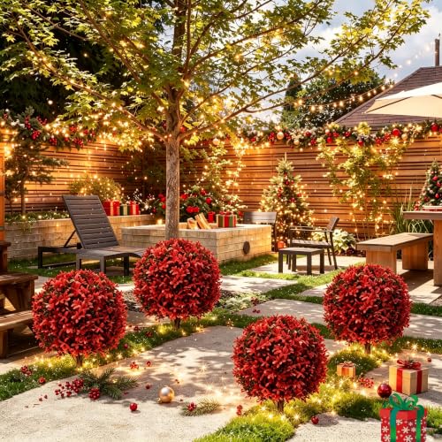 2Pack UV Resistant Red Artificial Boxwood Topiary Fake Plant (2 Count)