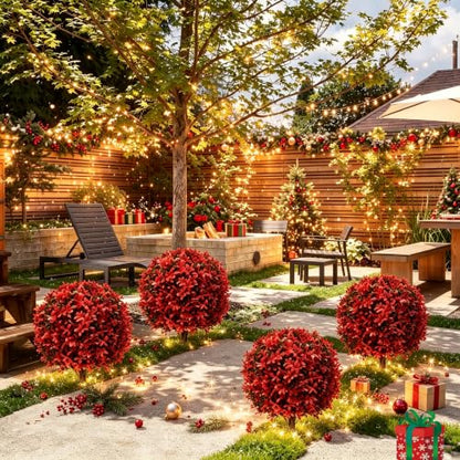 2Pack UV Resistant Red Artificial Boxwood Topiary Fake Plant (2 Count)
