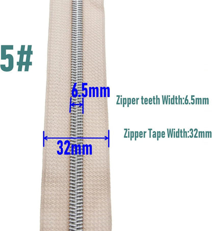 #5 Silver Teeth Metallic Nylon Coil Zippers by The Yard Bulk 10 Yards Beige Zipper Tape with 25pcs Silver Sliders for DIY Sewing Tailor Craft Bag Luggage Sofa Zipper Leekayer (Beige)