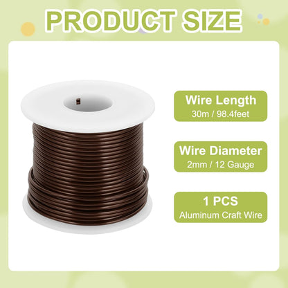 MECCANIXITY 12 Gauge Anodized Aluminum Craft Wire Bendable Bonsai Training Wire 98 Feet 2mm for Sculpting Crafts Wreath Floral Beading Jewelry Making, Brown