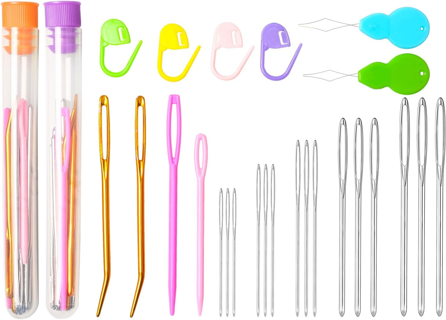 Hekisn 45Pcs Large Eye Blunt Yarn Needles kit, Assorted Sizes Bent Tapestry Darning Needle, Sewing Needles with Needle Threaders & Stitch Markers for Knitting Crochet (Orange&Purple)
