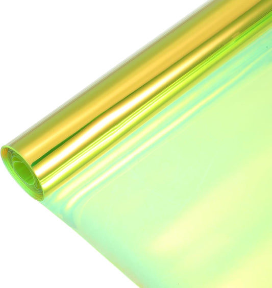 MECCANIXITY Holographic Clear PVC Vinyl Film Holographic PVC Fabric Waterproof Dichroic Film 12 x 48 Inch for Handbags Bows Earrings DIY Craft,Laser Light Yellow