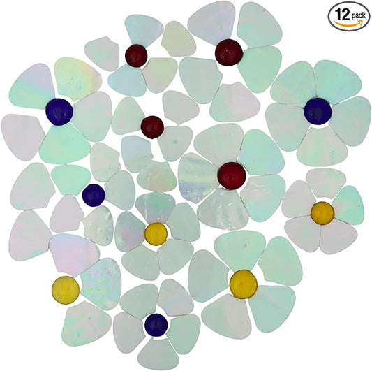 Yuvori Iridescent Flower Mosaic Tiles – 12pcs Mixed Sizes, 5-Petal Iridescent Mica Flowers with Center Beads for DIY Mosaic Art, Fairy Garden, Home Craft, Outdoor Decor (Iridescent White)