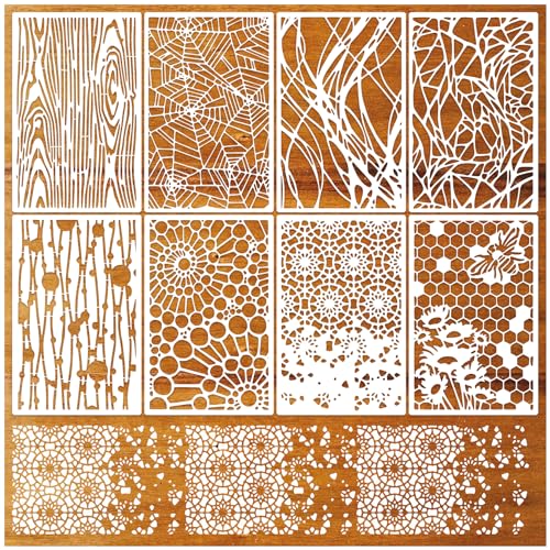 8 Pieces Stencils for Crafts Reusable Texture Spider Stencils Net Wood Grain Stone Spray Paint Layering Stencil Templates for DIY Scrapbook (8 Count)