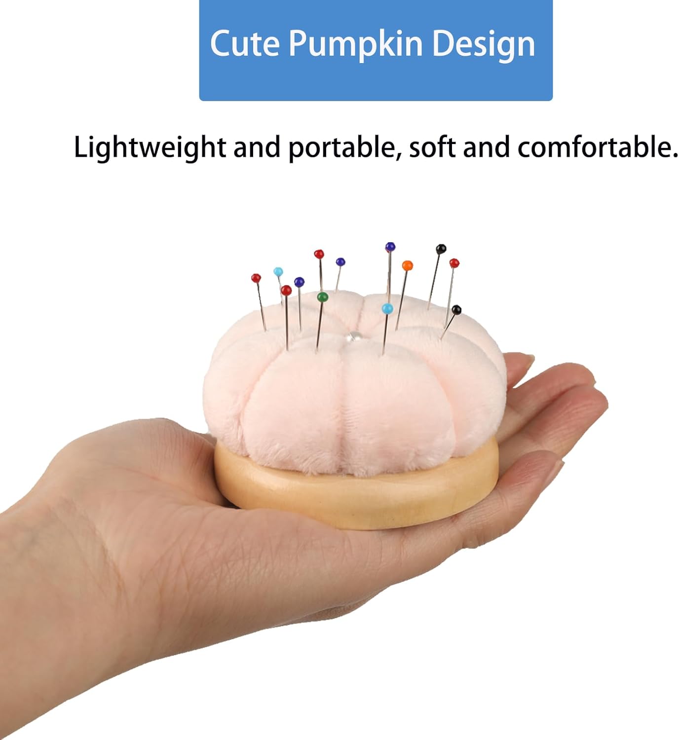Hilltian Pin Cushion for Sewing, Wooden Base Sewing Pincushion with 100 Plastic Head Pins, Cute Pins Holder for Sewing Quilting (Light Pink)