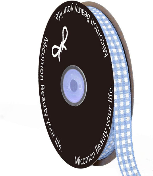 Light Blue Gingham Plaid Checked Ribbon 25 Yard Each Roll 100% Polyester (3/8", Lt.Blue) - Crafty Corner