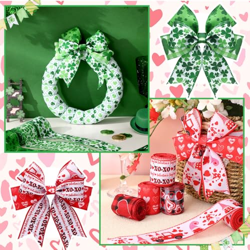 12 Rolls St. Patrick's Day Wired Edge Ribbon 2 Inch x 60 Yards Lucky Shamrock Print Craft Ribbon Valentine's Day Red Heart Gnome Truck Print Craft for St Patricks Party Supplies 12 Styles (12 Count)