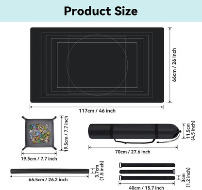 Puzzle Mat Roll Up with Drawstring Storage Bag, Portable Saver Pad 46” x 26” Up to 1500 Pieces with Non-Slip Rubber Bottom & Smooth Top + 4 Puzzle Sorting Trays & Travel-Friendly Storage Bag