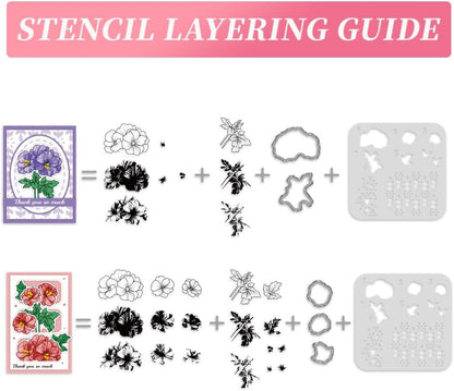 ORIGACH Geranium Layering Stencil Stamp and Die Set for Card Making, Flower Stencil Template Silicone Clear Stamps and Metal Die Sets for DIY Scrapbooking Photo Album Crafting