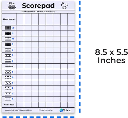 Mexican Train and Chicken Foot Dominoes Score Pad - 100 Scoring Sheets per Scorepad, 8.5 x 5.5 Inches - Score Sheets for Double 12 Domino Sets, White, VO-320