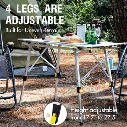 Outdoor Folding Portable Picnic Camping Table with Adjustable Height Aluminum Roll Up Table Top Mesh Layer