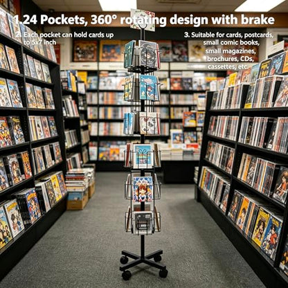 Black Greeting Card Display Rack Rotating Flyer Stand 24 Pocket