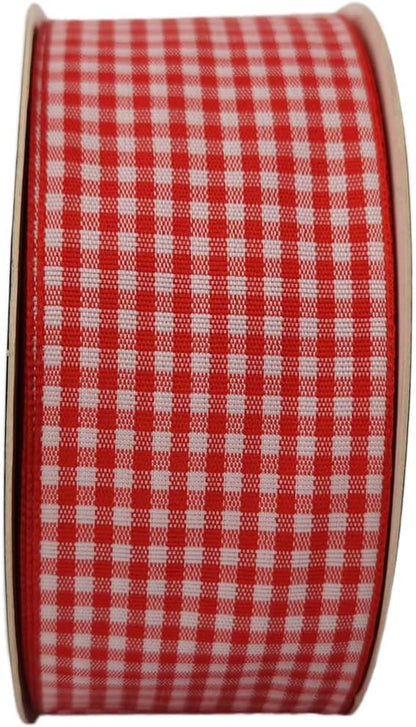 1.5 Inch Red and White Woven Edge 100% Polyester Gingham Ribbon 25 Yards Each Roll (1-1/2", Red) - Crafty Corner