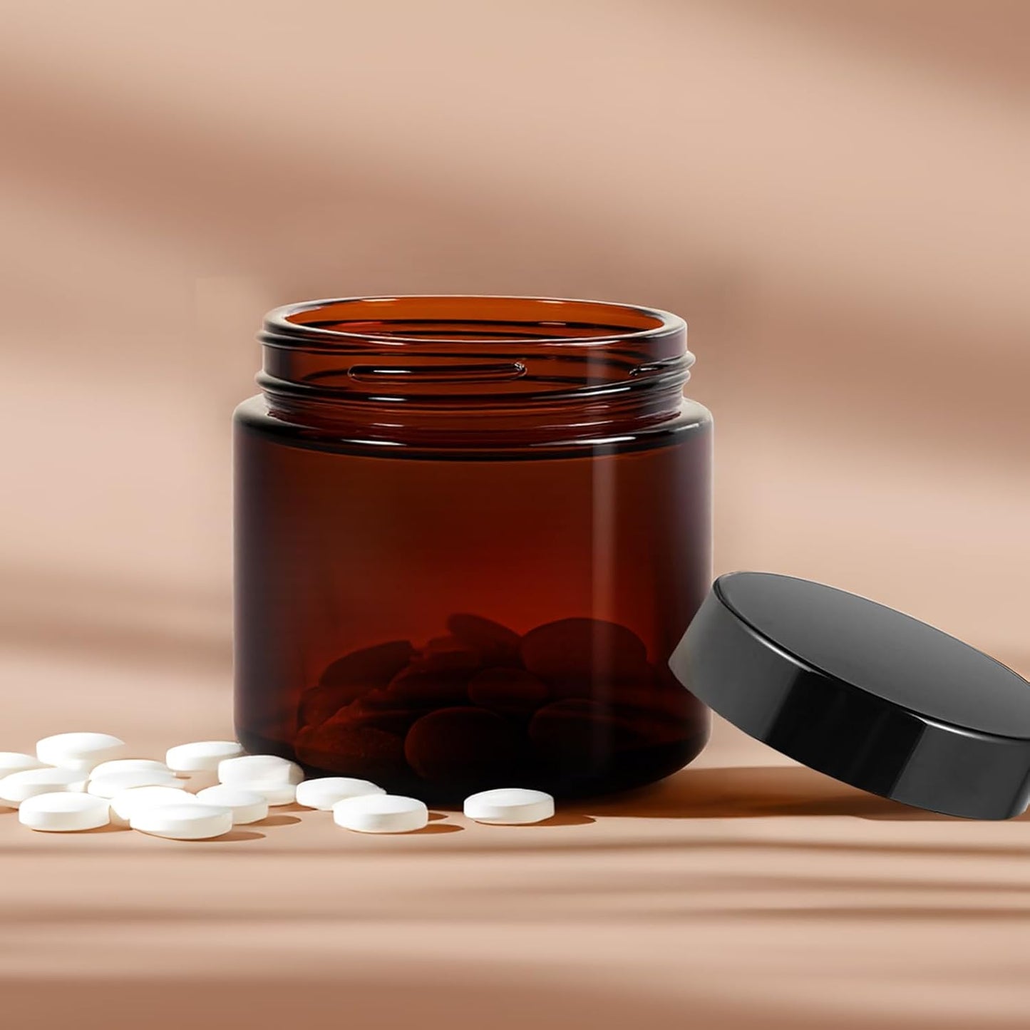 2oz Jars with Lids, HOA Kinh 40 Pack Amber Glass Jars with Lids Empty Cosmetic Containers Round Airtight Glass Jar with Black Lid for Storing Lotions Powders Ointments