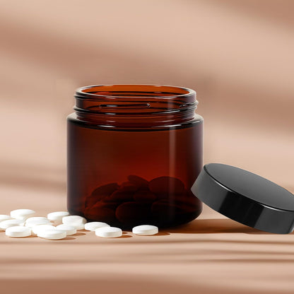 2oz Jars with Lids, HOA Kinh 40 Pack Amber Glass Jars with Lids Empty Cosmetic Containers Round Airtight Glass Jar with Black Lid for Storing Lotions Powders Ointments