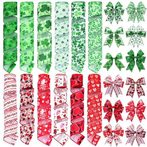 12 Rolls St. Patrick's Day Wired Edge Ribbon 2 Inch x 60 Yards Lucky Shamrock Print Craft Ribbon Valentine's Day Red Heart Gnome Truck Print Craft for St Patricks Party Supplies 12 Styles (12 Count)