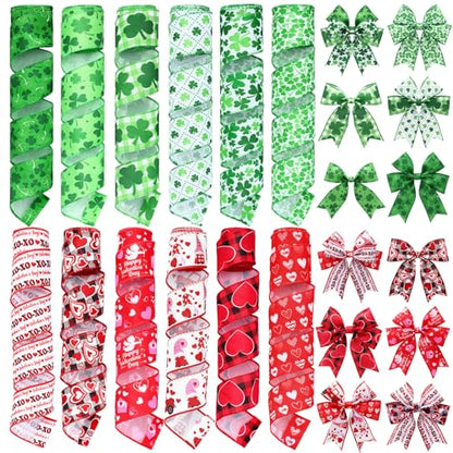 12 Rolls St. Patrick's Day Wired Edge Ribbon 2 Inch x 60 Yards Lucky Shamrock Print Craft Ribbon Valentine's Day Red Heart Gnome Truck Print Craft for St Patricks Party Supplies 12 Styles (12 Count)