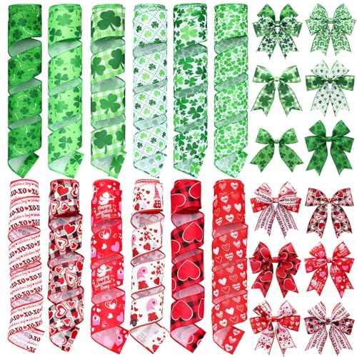 12 Rolls St. Patrick's Day Wired Edge Ribbon 2 Inch x 60 Yards Lucky Shamrock Print Craft Ribbon Valentine's Day Red Heart Gnome Truck Print Craft for St Patricks Party Supplies 12 Styles (12 Count)