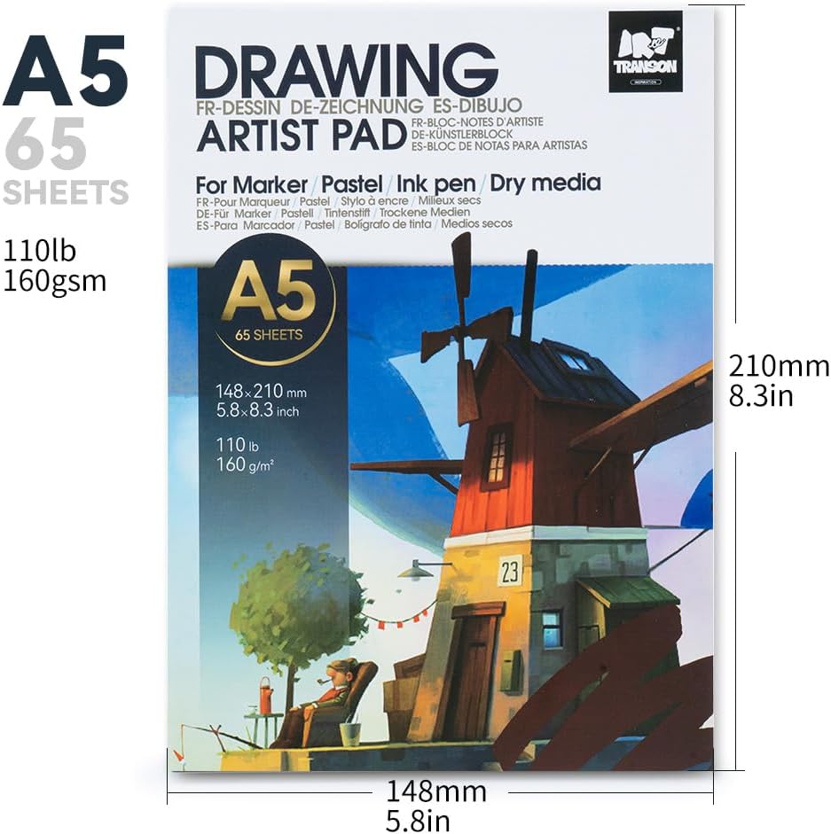 TRANSON Artist Mix Media Sketchbook Marker Pad, 5.8”x8.3” 65 Sheets A5 Art Papers, 110lb/160gsm for Painting, Drawing and Sketching - Crafty Corner