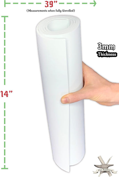 Shape Retention EVA Cosplay Foam - 3mm Thick (1-10mm) White 14”x39” High Density EVA Craft Foam Sheets - Premium 85 kg/m3 Heat Shape Material for DIY, Comic, Con or Halloween Costumes - The Foamory