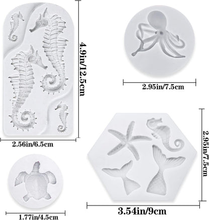 4 PCS Marine Theme Fondant Silicone Mold Hippocampus Turtle octopus Shape DIY Handmade Baking Tools, For Theme Cake Cookie Chocolate Candy Decoration Fondant Polymer Clay