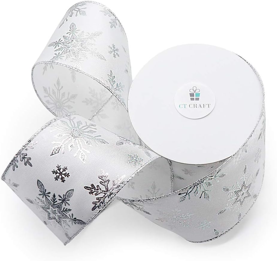 CT CRAFT LLC Satin with Silver Snowflake Wired Ribbon 2.5 Inch x 10 Yards for Christmas Home Decor Tree Topper Bow Gift Wrapping DIY Crafts Wreath Garland - Crafty Corner