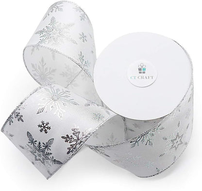 CT CRAFT LLC Satin with Silver Snowflake Wired Ribbon 2.5 Inch x 10 Yards for Christmas Home Decor Tree Topper Bow Gift Wrapping DIY Crafts Wreath Garland - Crafty Corner