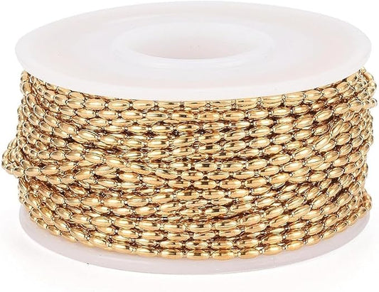 LiQunSweet 32.8 Feet(10m) 304 Stainless Steel Oval Beaded Chains with Spool Link Necklace Chain Golden Necklace Chain Roll for Jewelry Making - 3.5x1.5mm