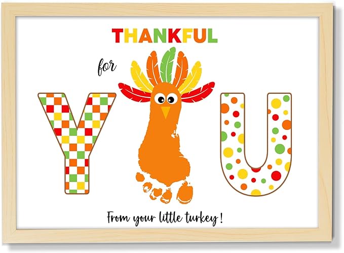 Thanksgiving Turkey Footprint Art Craft DIY Kit Polka Dots Fall Thanksgiving Gifts Thankful for You Little Turkey Footprint Keepsake with Wood Frame for Mom Dad Friend Holiday Activities 12x16 Inch