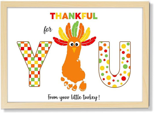 Thanksgiving Turkey Footprint Art Craft DIY Kit Polka Dots Fall Thanksgiving Gifts Thankful for You Little Turkey Footprint Keepsake with Wood Frame for Mom Dad Friend Holiday Activities 12x16 Inch
