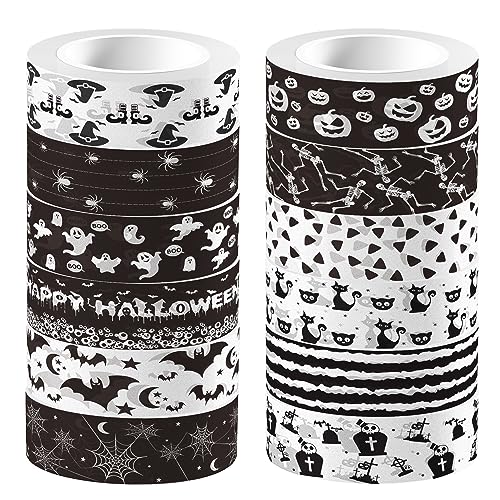 12 Pcs Halloween Washi Tape White and Black Halloween Masking Tape Ghosts Pumpkins Bats Pattern Decorative Paper Sticker for Halloween Party Holiday Scrapbook DIY Craft Gift Wrapping Handbook Sticker (12 Count)