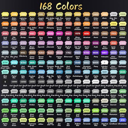 168 Colors Alcohol Markers Brush Tip & Chisel (168 Count)