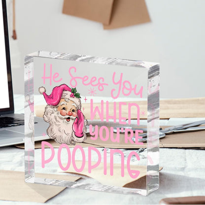 Funny Santa Desk Decor Acrylic Sign 4X4 Inch, Humorous Christmas Decorations Desk Signs for Toilet Cubicle Room Bathroom, Gag Gifts for Women Men Friends