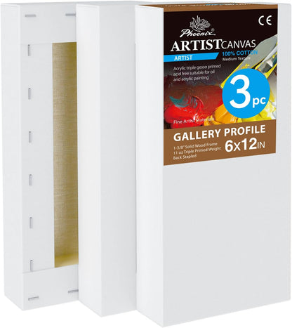 PHOENIX 6x12 Inch 3 Pack Gallery Canvas - Small Long 1.5 in Thick Canvases for Painting - Deep Edge 100% Cotton 11 Oz. Gesso Primed White Blank Professional Canvas Oil & Acrylic Paints