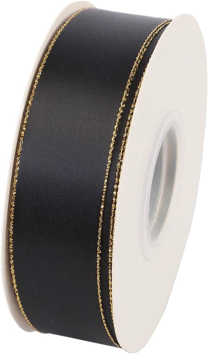 ITIsparkle 1" Inch Double Faced Satin Ribbon 25 Yards with Gold Edges, 1" X 25Yd - Black - Crafty Corner