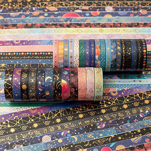 Skinny Galaxy Washi Tape Set 30 Rolls Gold Foil Decorative Starry Space Masking Tapes for Arts (295 Foot)