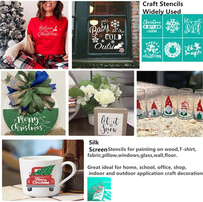 Wonderful Time Christmas Stencils Self Adhesive Silk Screen Stencil Reusable Silk Screen Transfer Winter Xmas Screen Print Stencil for Craft on Wood, Fabric, Wall, Windows, DIY Home Christmas Decor